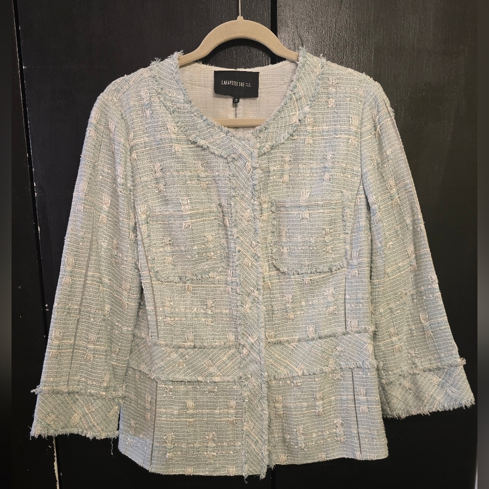 Lafayette 148 New York Light Blue Tweed Fringe Jacket Size 12